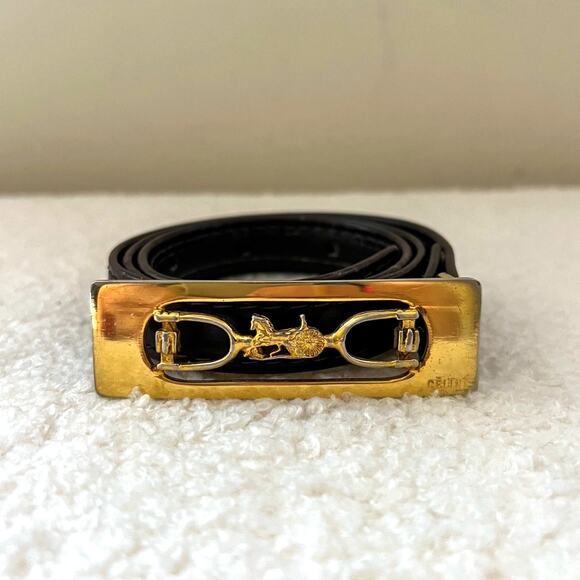 CELINE Brown Leather and Gold Carriage Buckle Belt - Picture 1 of 6
